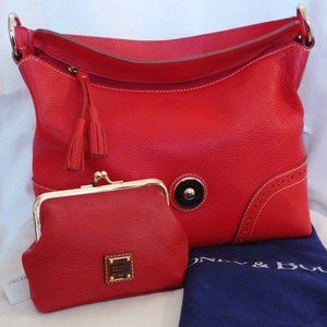Dooney & Bourke Tomato Red Leather Double Bundle w/Lg Slouch Hobo & Kiss Wallet